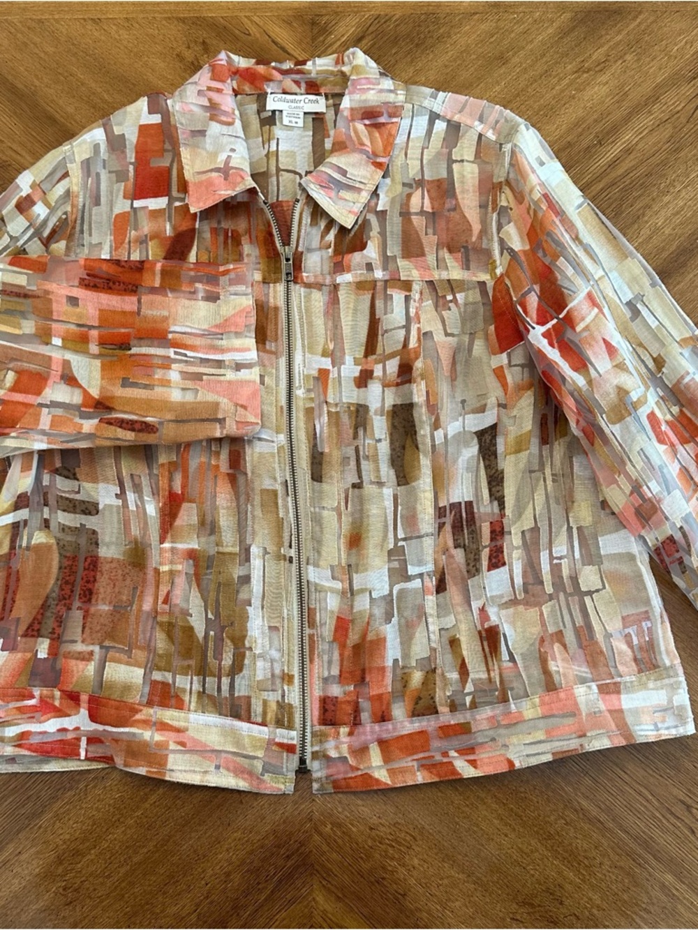 Coldwater Creek Sheer Abstract Zip Front Jacket, Size XL 18, Spring Light weight